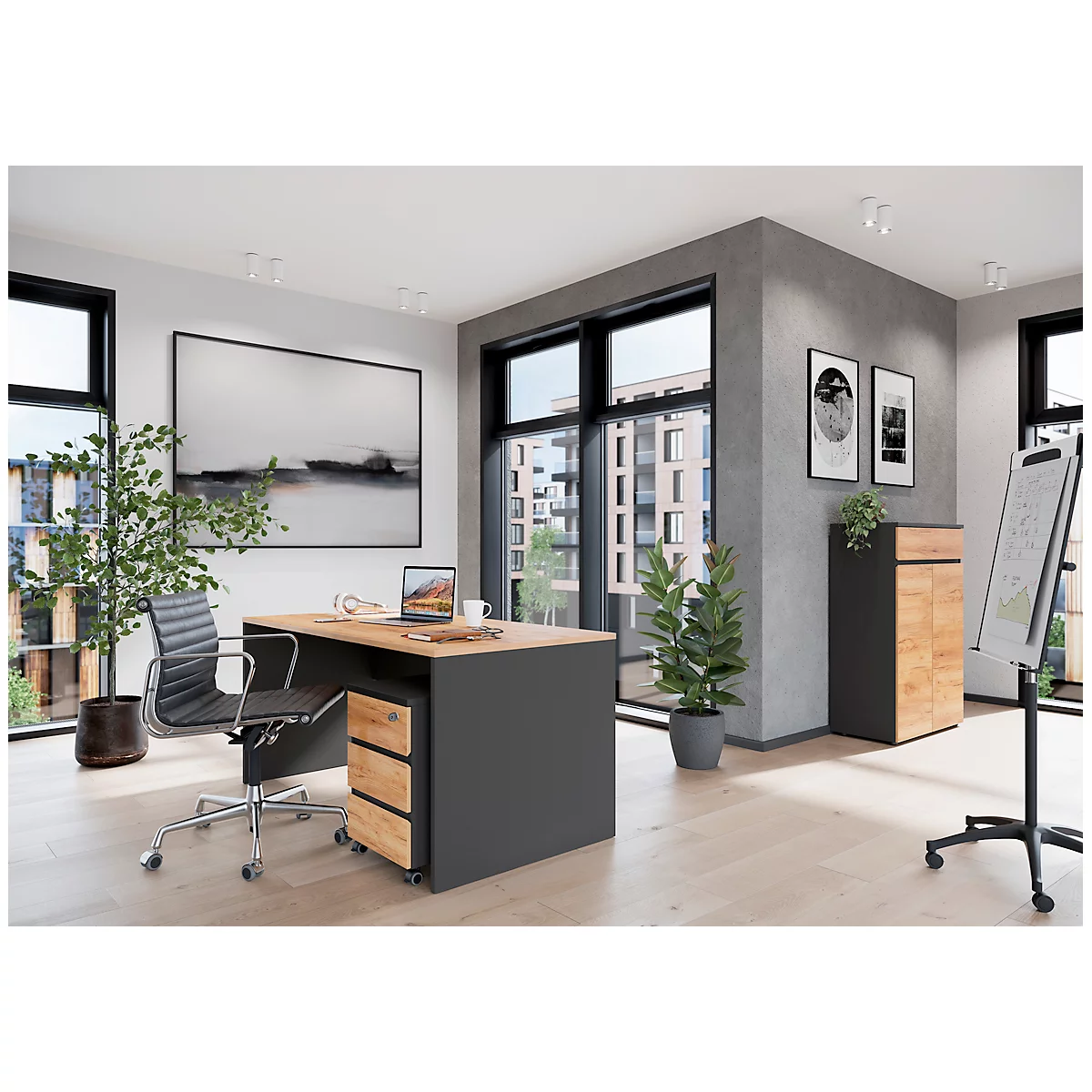 Bureau à joues Boston, avec agenouillement, L 1580 x P 790 x H 750 mm, chêne navarra/graphite