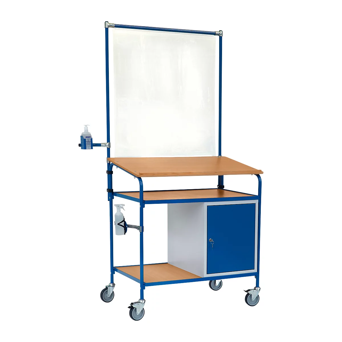 Bureau à roulettes, 3 étagères, armoire, cadre de protection contre les infections, 2 supports pour bouteilles de désinfectant / flacons pulvérisateurs, RAL 5007