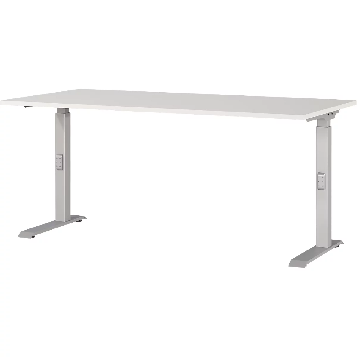 Un bureau blanc réglable en hauteur, reposant sur des pieds gris argent. Le cadre du bureau dispose d'un panneau de commande.