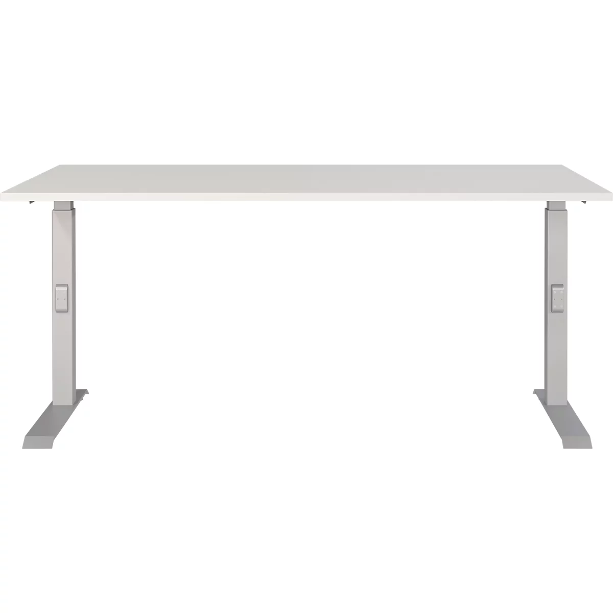 Un bureau rectangulaire blanc avec des pieds argentés réglables en hauteur. Le bureau se dresse sur un fond blanc.