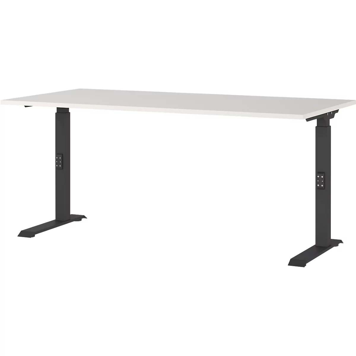 Un bureau blanc reposant sur deux pieds de table noirs réglables en hauteur. Des éléments de commande sont fixés aux pieds.