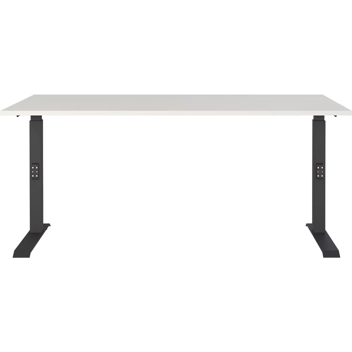 Un bureau blanc avec des pieds noirs réglables en hauteur. Il y a des boutons sur les pieds.