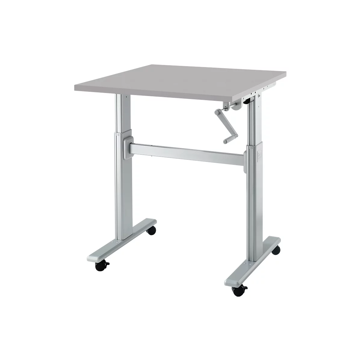 Bureau debout carré gris avec manivelle, sur roulettes.