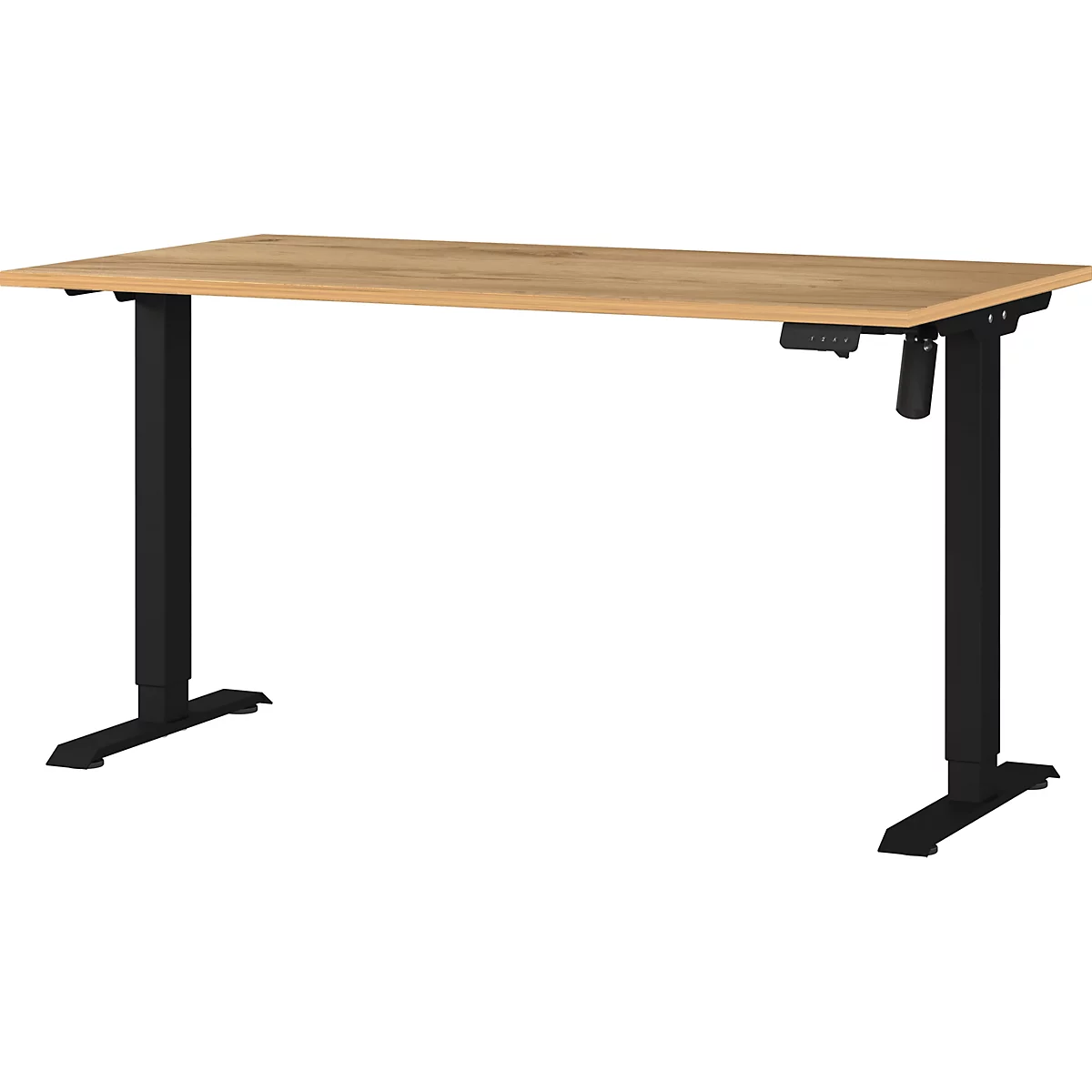 Lichtbruine bureau met zwart frame; in hoogte verstelbaar. Bedieningspaneel rechts.