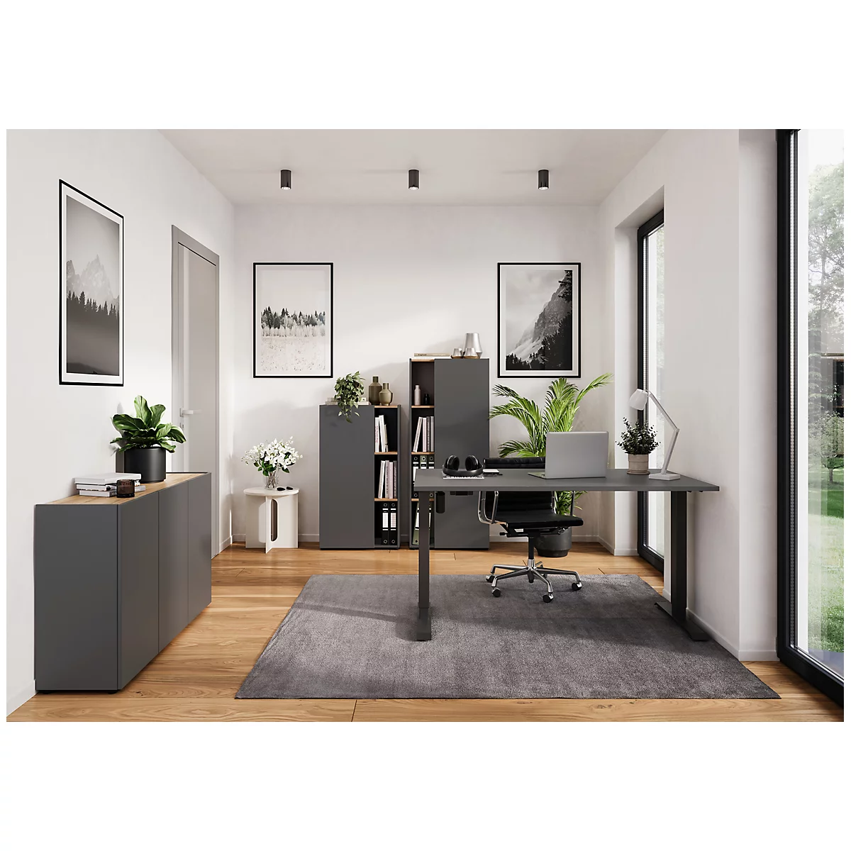 Kantoor met bureau, bureaustoel, planten, planken, foto's en raam. Houten vloer en grijs tapijt.