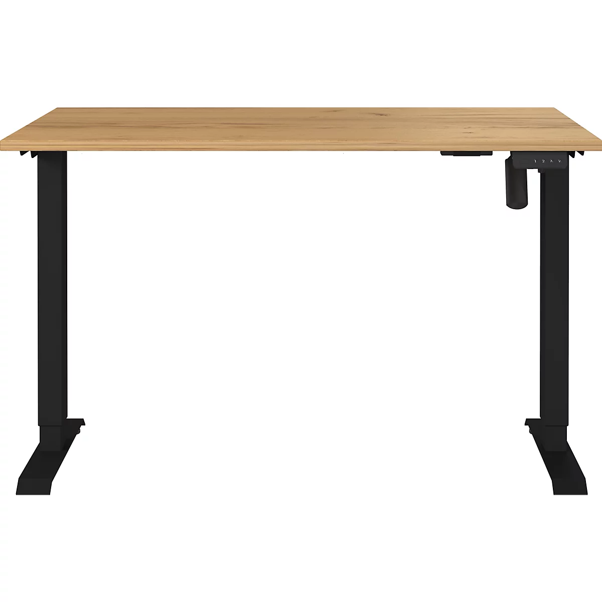 Bureau brun clair avec cadre noir. Le plateau de la table a un aspect bois.