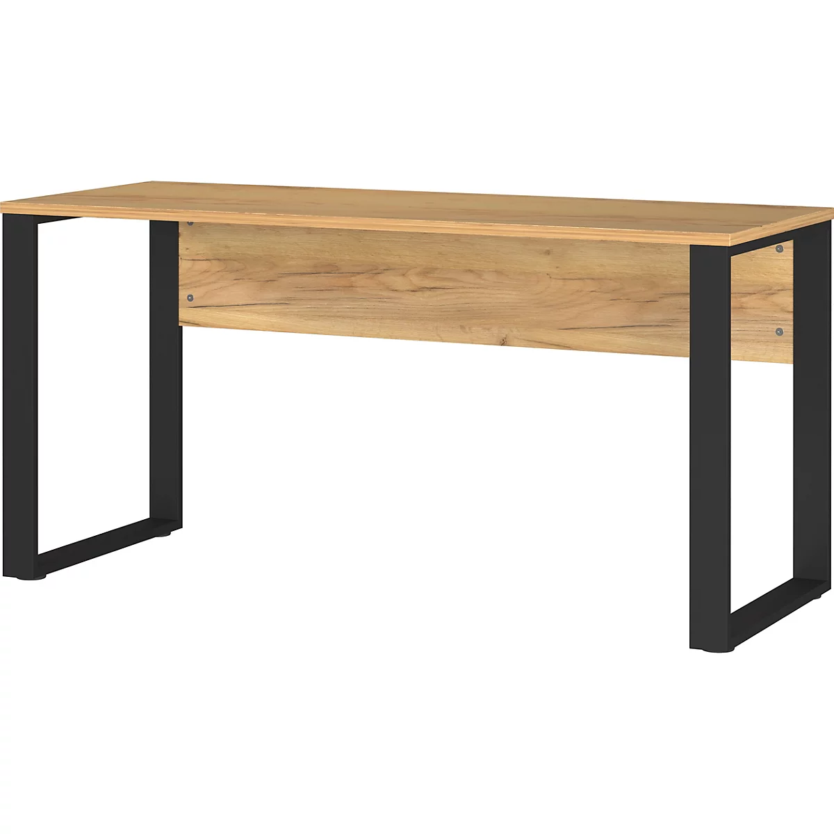 Bureau avec plateau en bois clair et pieds en métal noir. Le plateau de la table a un grain de bois.