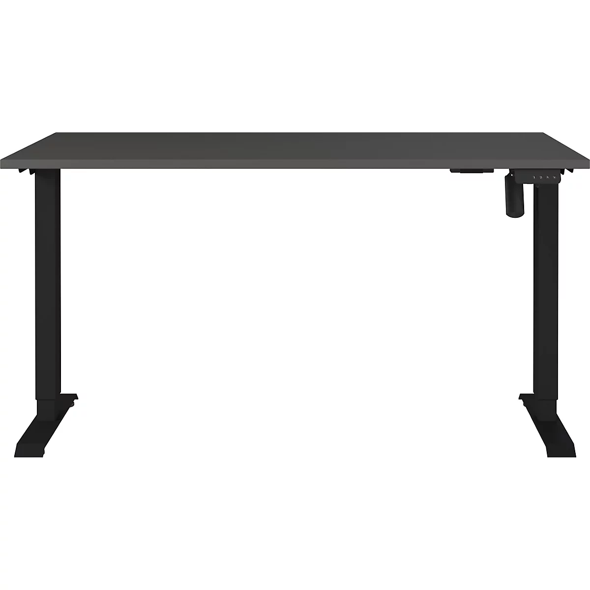 Bureau gris réglable en hauteur avec pieds et commandes noirs. Le plateau et les pieds sont clairement visibles.