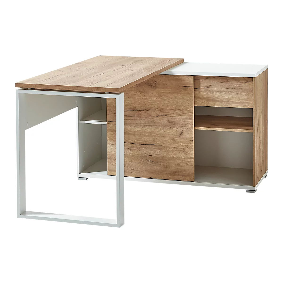 Bureau avec buffet LIONI, rectangulaire, coulisses, L 1200 x P 1170 x H 750 mm, reproduction chêne Navarra/blanc