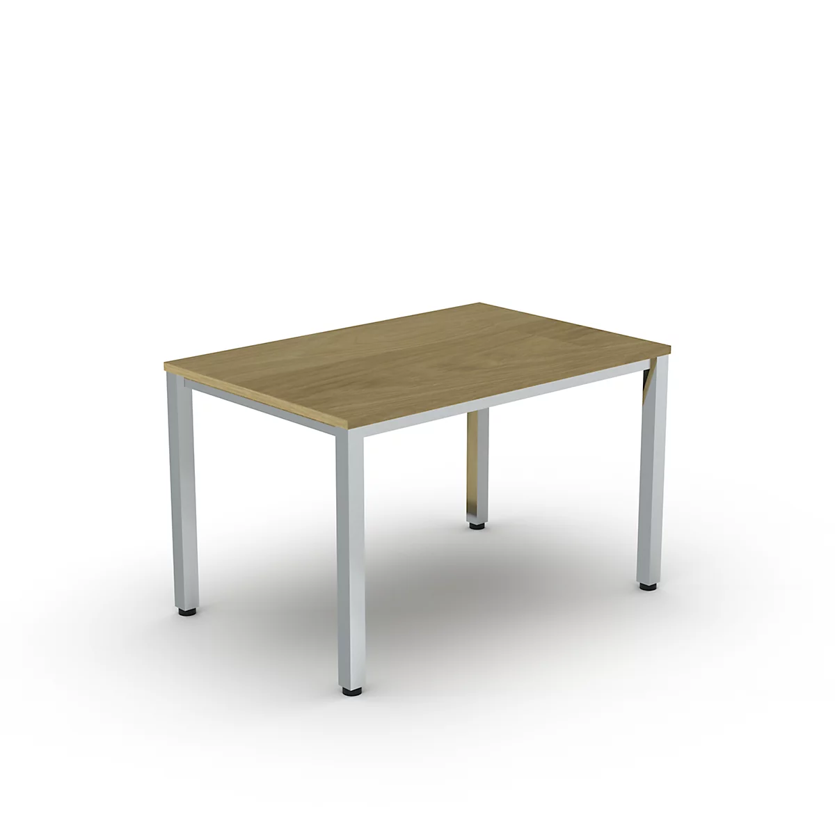 Une table rectangulaire avec un plateau en bois et des pieds argentés. Pieds noirs, fond blanc.