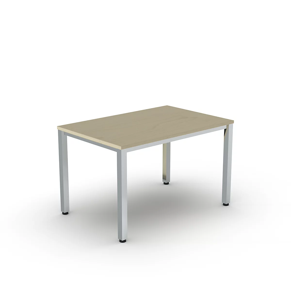 Table rectangulaire avec plateau beige et pieds argentés se terminant par des pieds noirs.