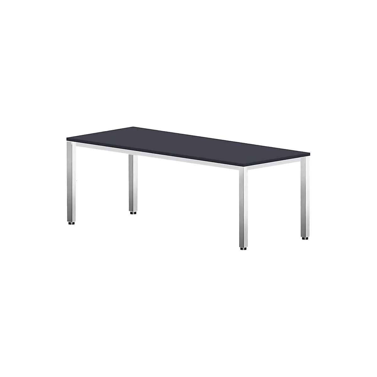 Une table rectangulaire avec un plateau gris et des pieds argentés. Il y a des pieds en plastique noir sur les pieds.