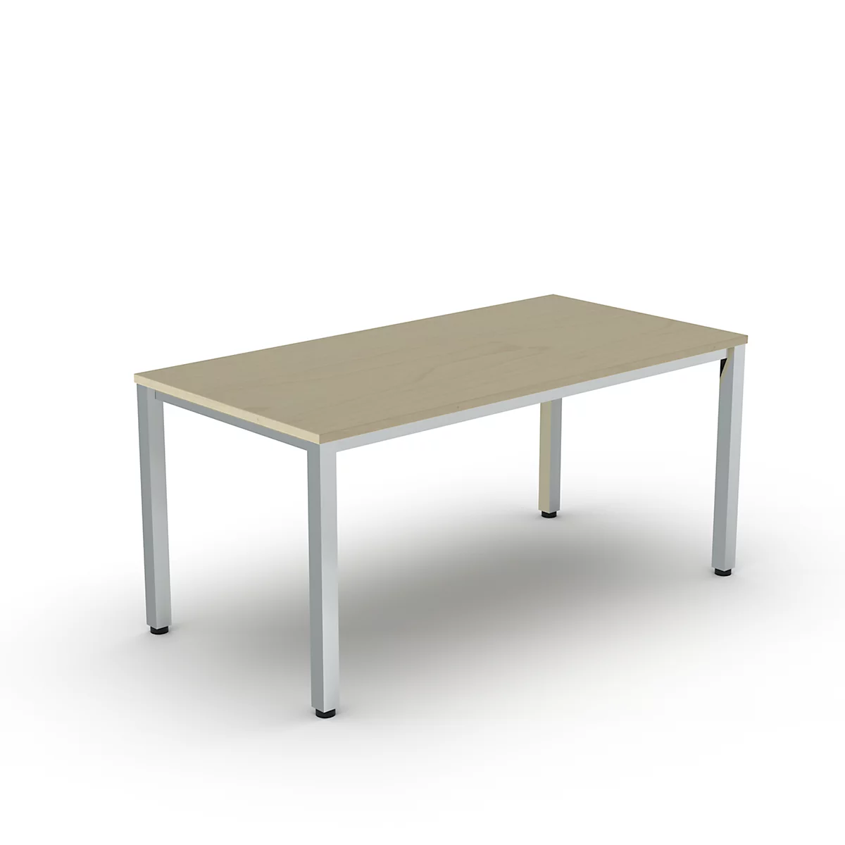 Une table rectangulaire avec un plateau de table brun clair et des pieds argentés sur fond blanc.