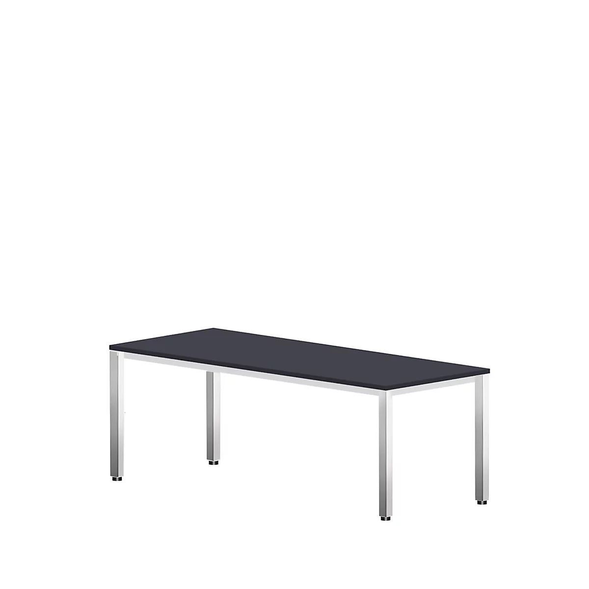 Une table rectangulaire avec un plateau anthracite et des pieds argentés sur fond blanc.