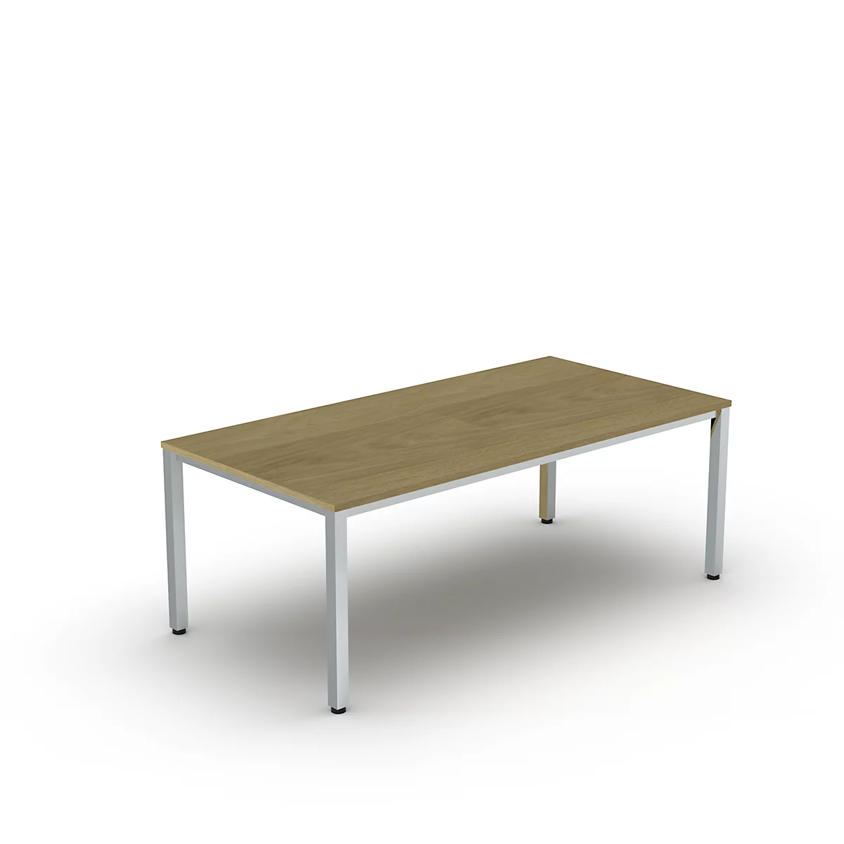 Une table rectangulaire avec un plateau en bois et des pieds en métal, sur fond blanc.
