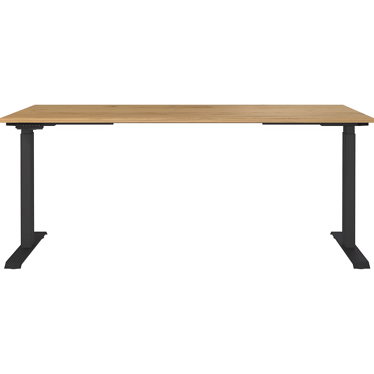 Bureau brun clair avec cadre noir, vue de face.