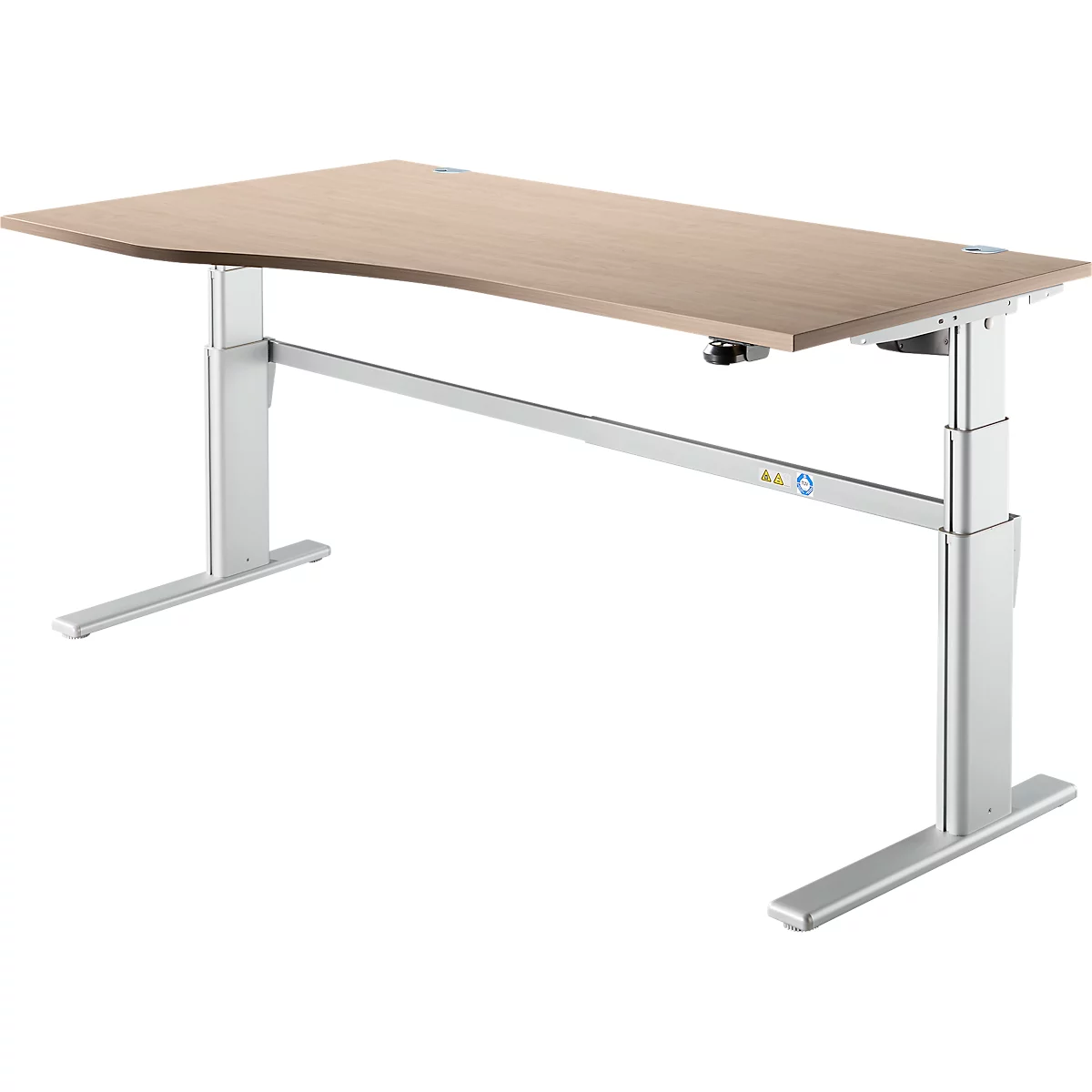 Bureau Confort, réglage électrique de la hauteur, forme libre, approche à gauche, pied en C, L 1800 x P 1000/800 x H 655-1305 mm, chêne/alu blanc