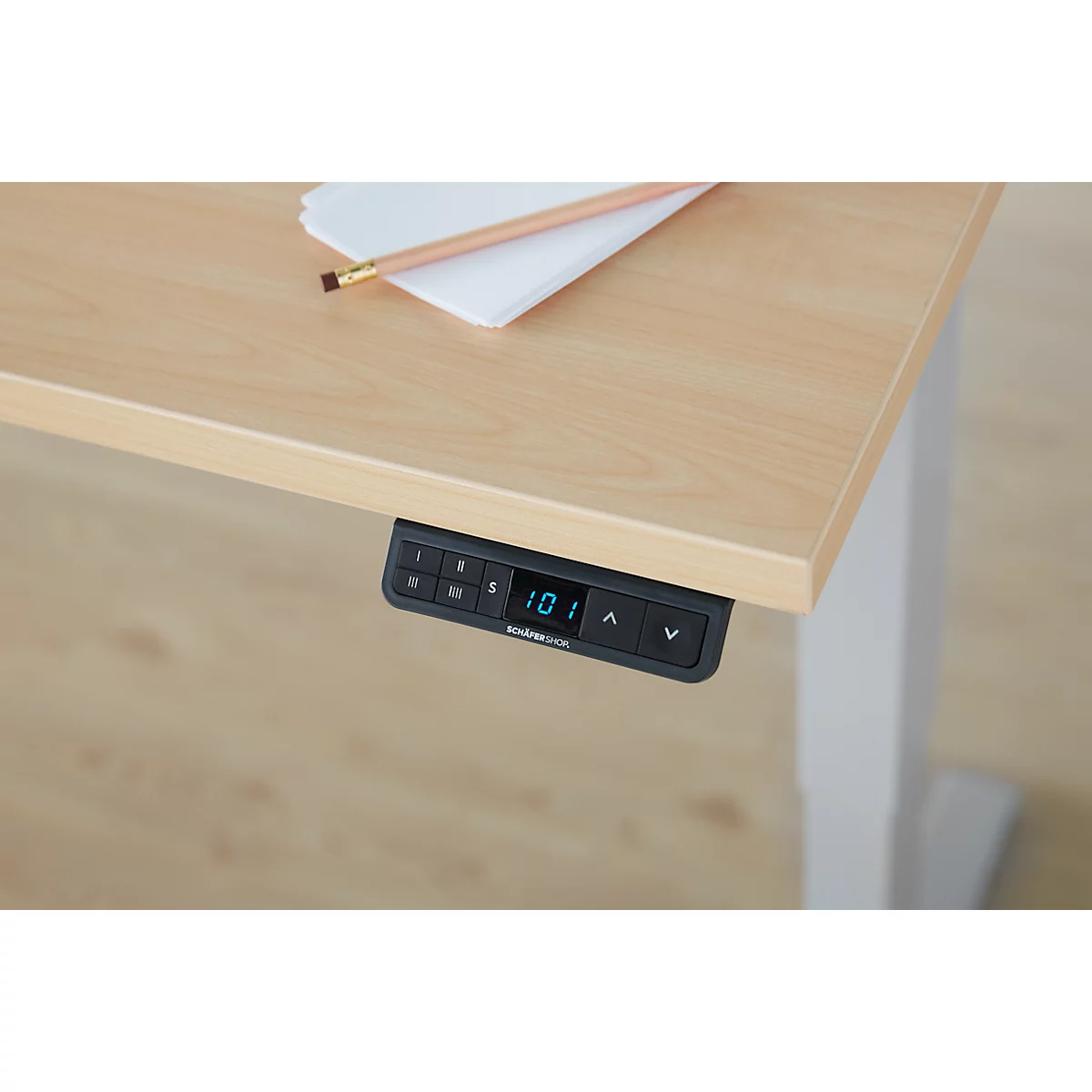 Bureau d'angle AERO FLEX, réglage électrique de la hauteur, angle 90°, pied en T, L 2000 x P 2000 mm, érable/blanc alu + panneau de mémoire