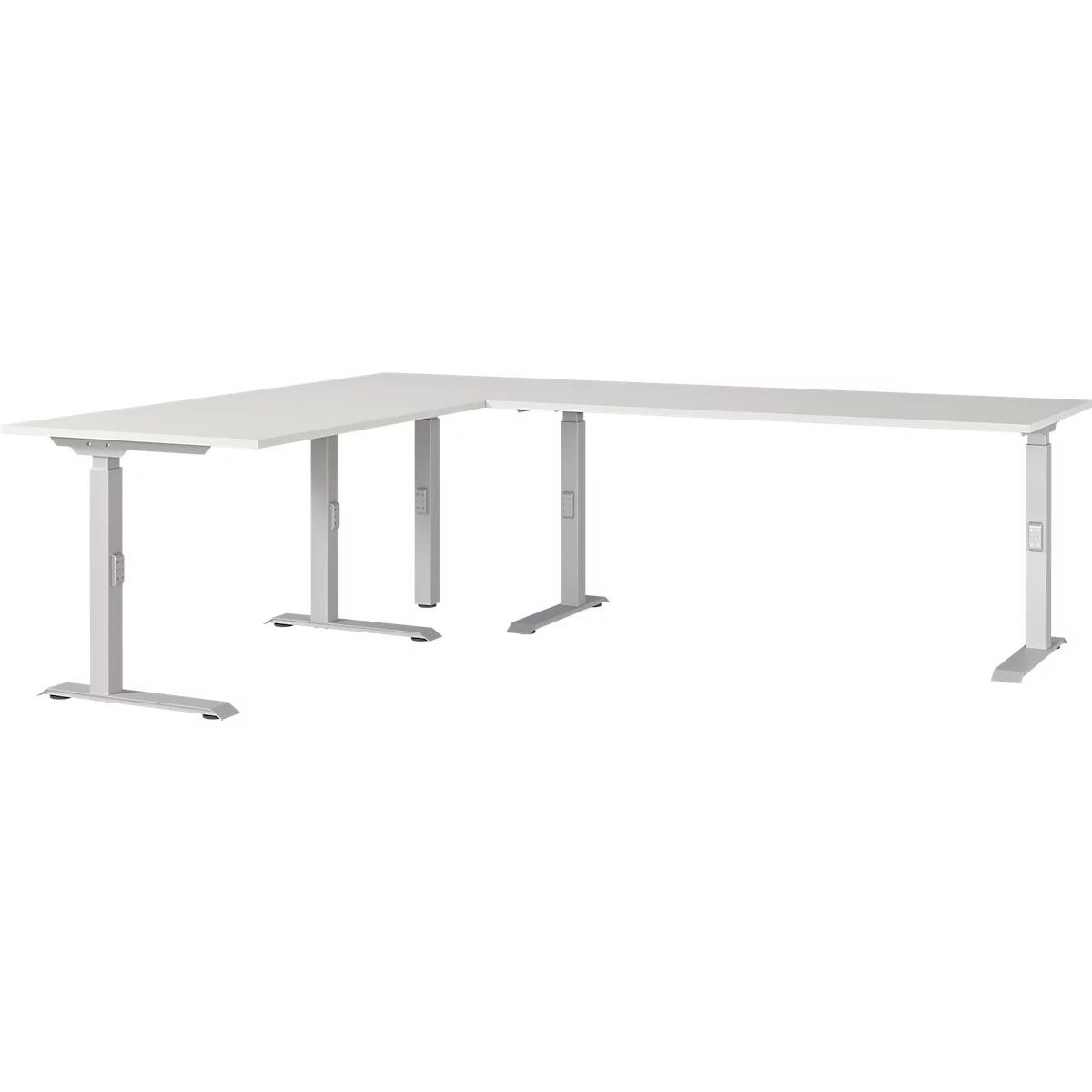 Bureau d'angle blanc avec pieds réglables. Le plateau repose sur des pieds argentés.