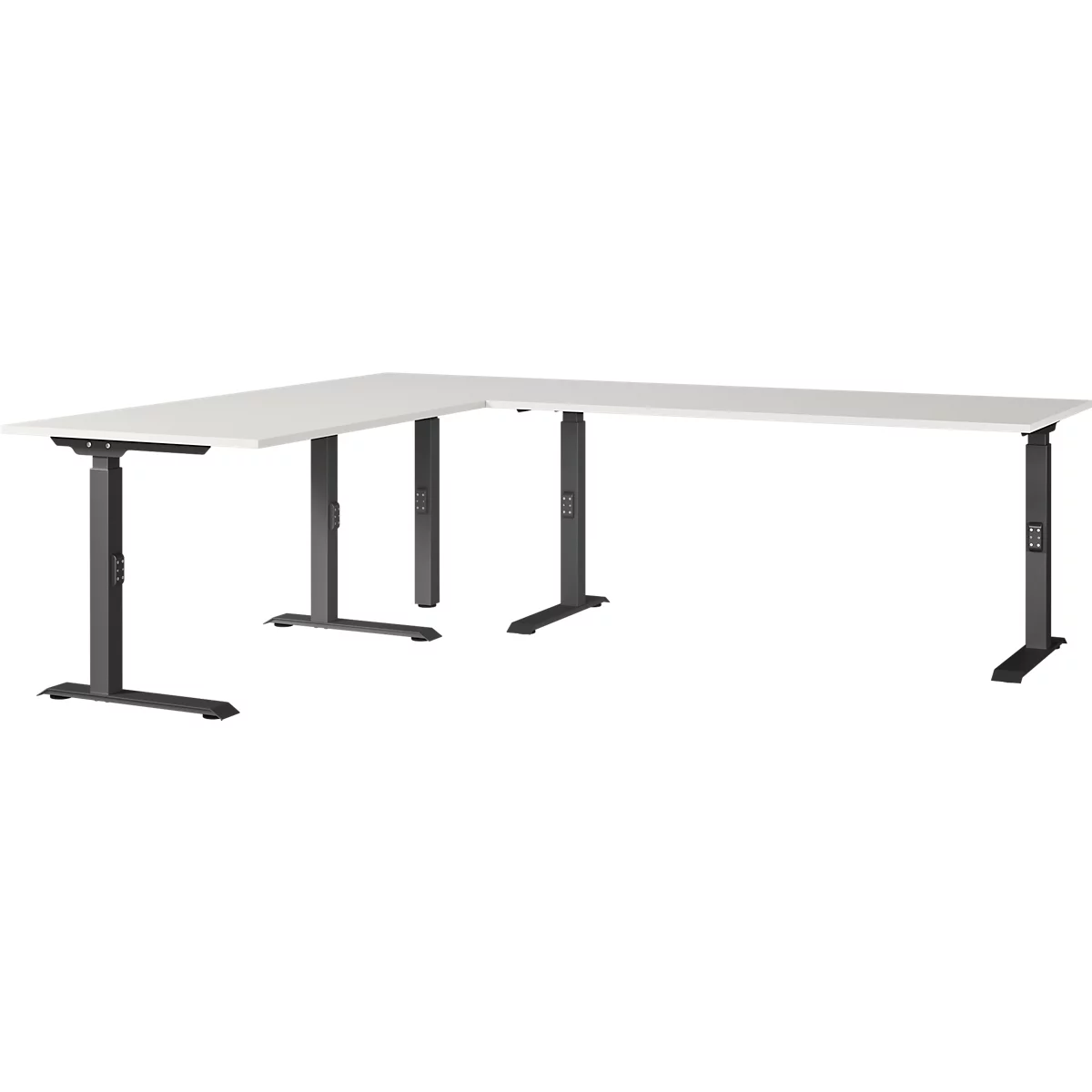 Un bureau d'angle blanc avec des pieds noirs réglables en hauteur.