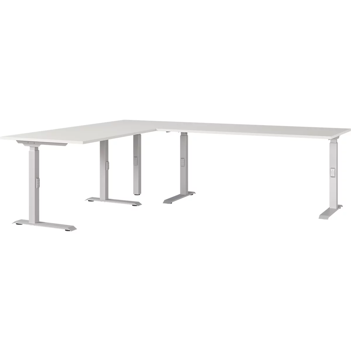Bureau d'angle blanc, réglable en hauteur. Deux plateaux de table se rencontrent à angle droit, pieds gris.