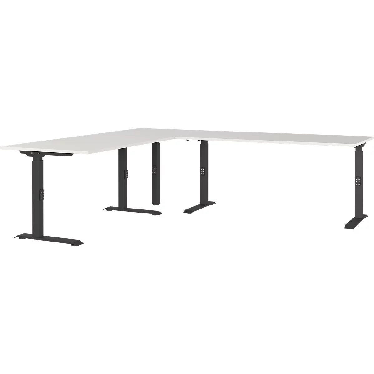 Bureau d'angle blanc avec cadre noir. La hauteur est réglable.