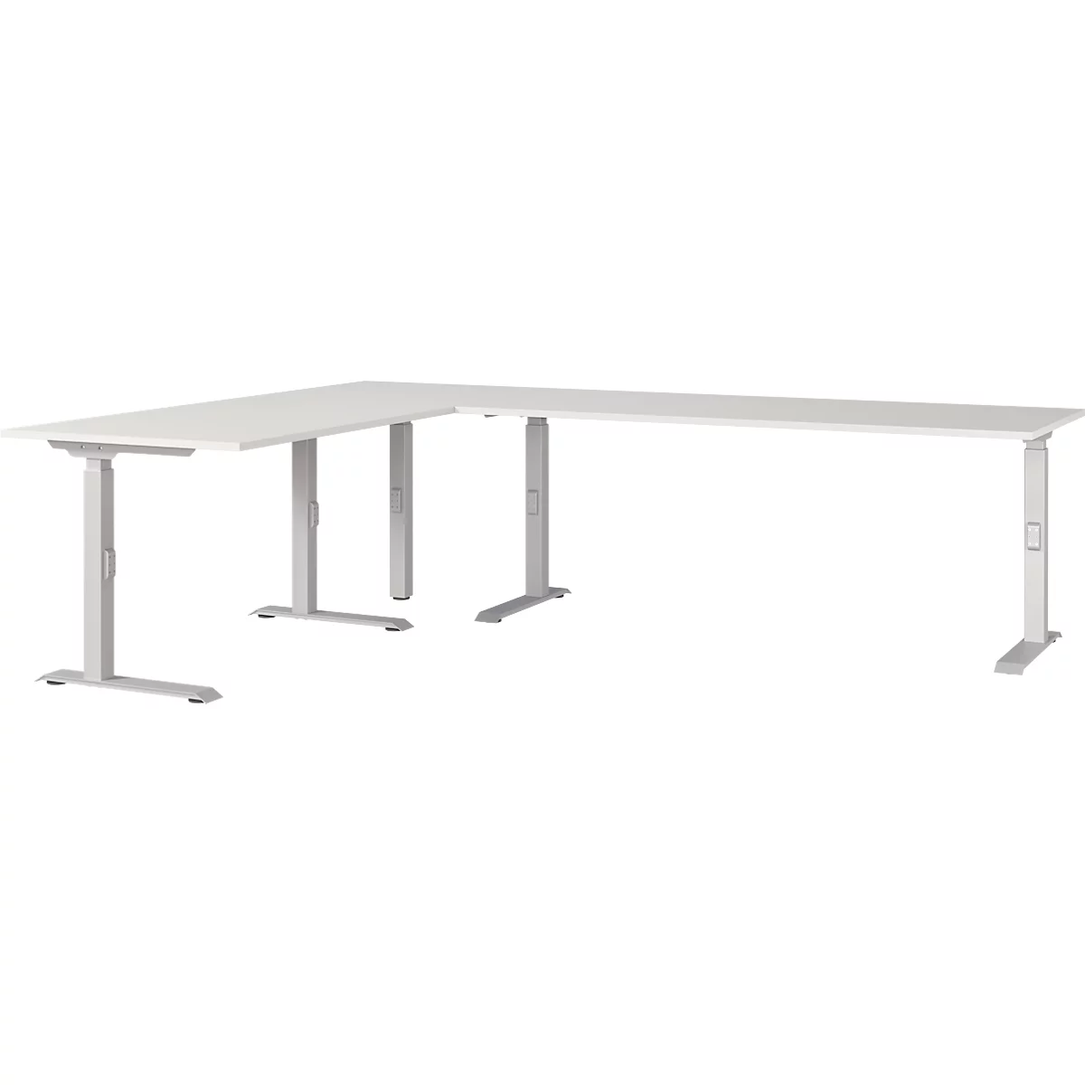 Un bureau d'angle blanc avec des pieds réglables en hauteur. Le bureau est présenté sur un fond blanc.