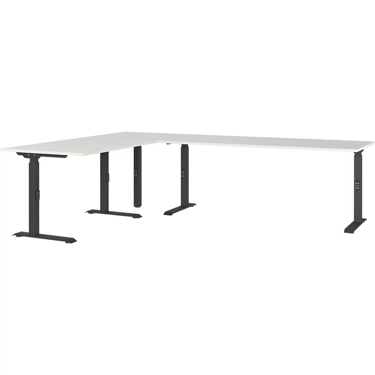 Bureau d'angle blanc avec cadre noir. Hauteur réglable.