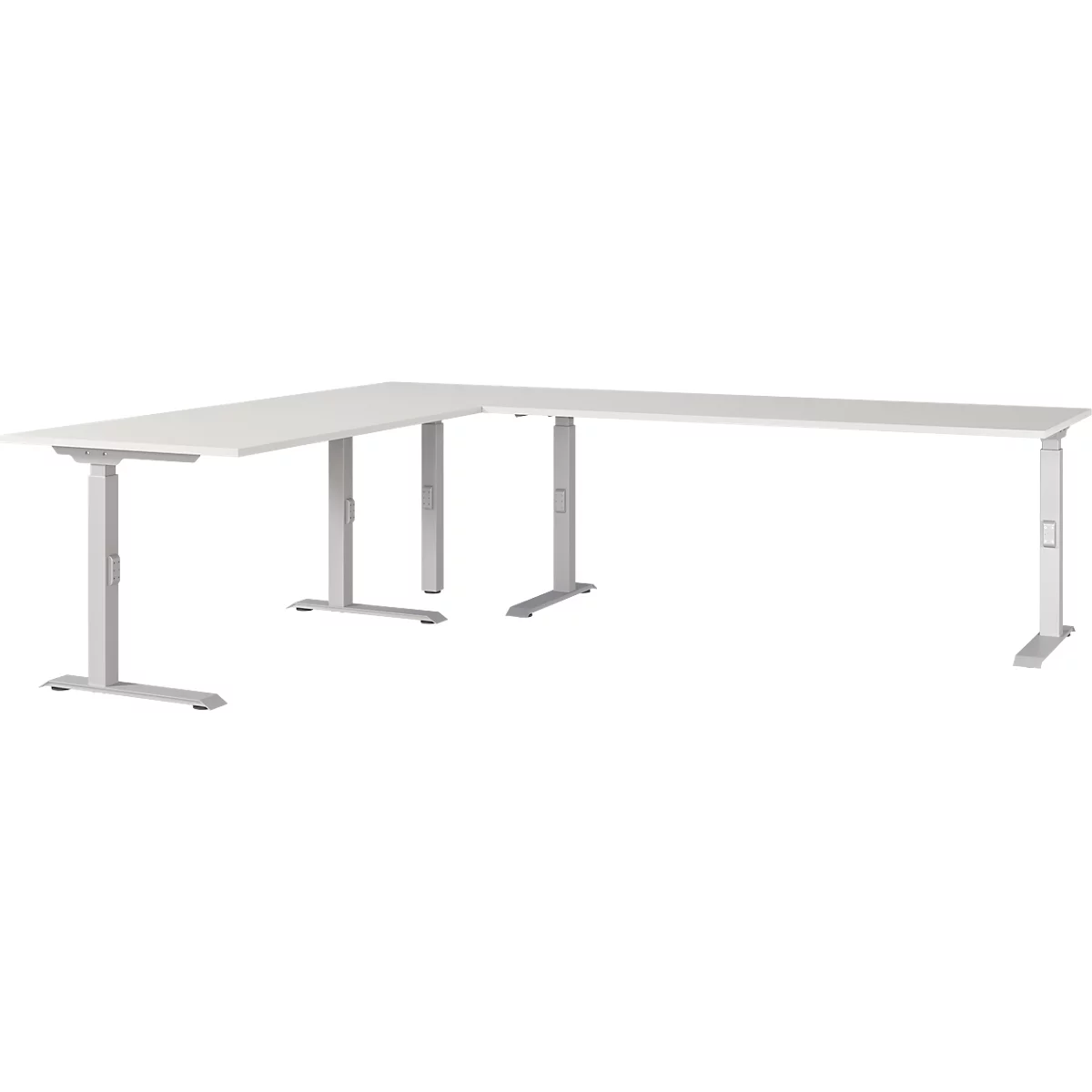 Un bureau d'angle blanc avec des pieds réglables en hauteur. Le bureau a une forme rectangulaire et se trouve devant un fond blanc.