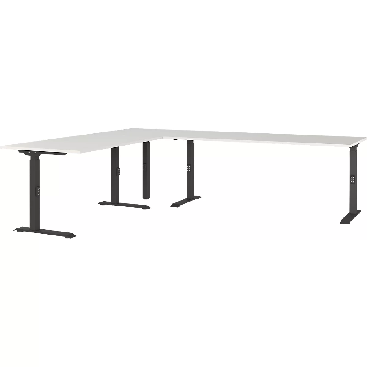 Un bureau blanc en forme de L avec un cadre noir. Le bureau est réglable en hauteur.