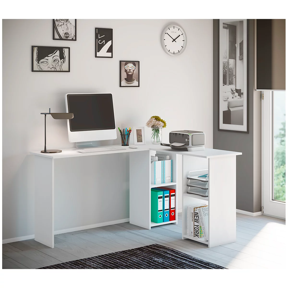 Bureau d'angle, angle 90°, pied de joue, 4 étagères, L 1360 x P 1120 x H 730 mm, blanc