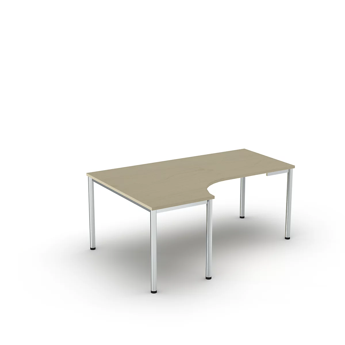 Un bureau d'angle brun clair avec des pieds argentés sur fond blanc.