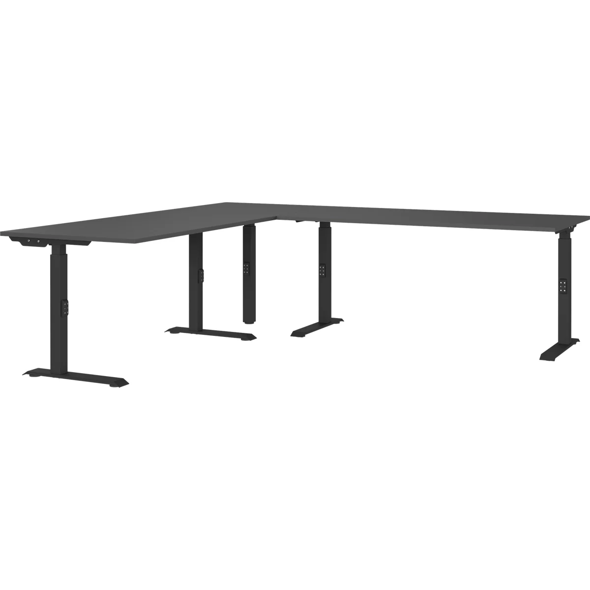 Bureau d'angle Porto, réglage mécanique de la hauteur, piétement en C, y compris table d'extension avec pied support, L 1400/1600 x P 2200 x H 680-910 mm, graphite/noir