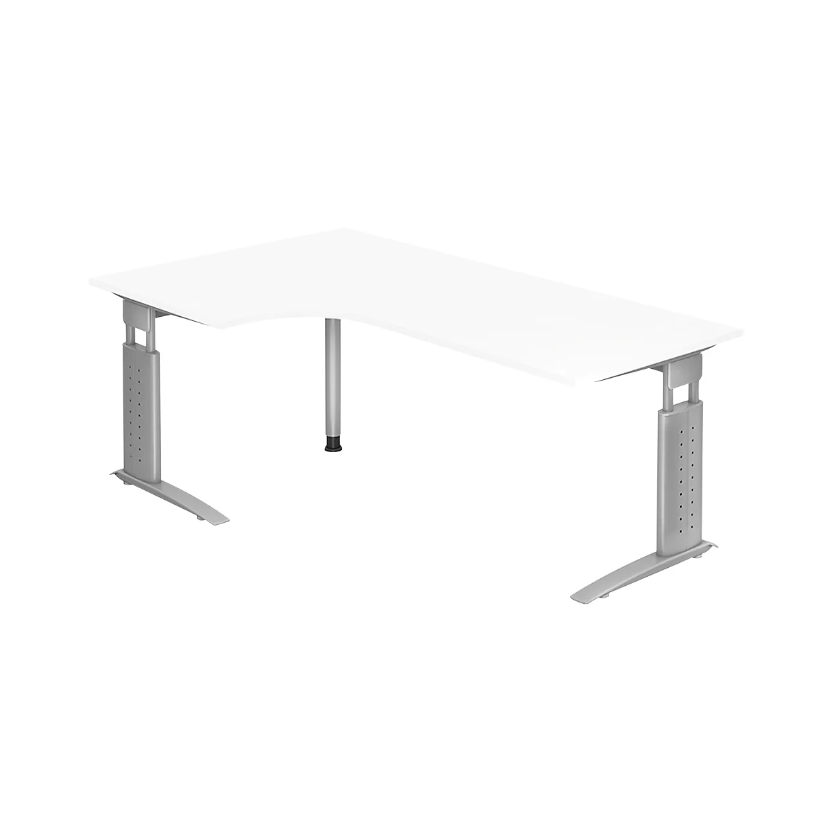 Bureau d'angle TARVIS, l. 2000 x P 1200/800 x H 680 - 860 mm, armature argentée, blanc