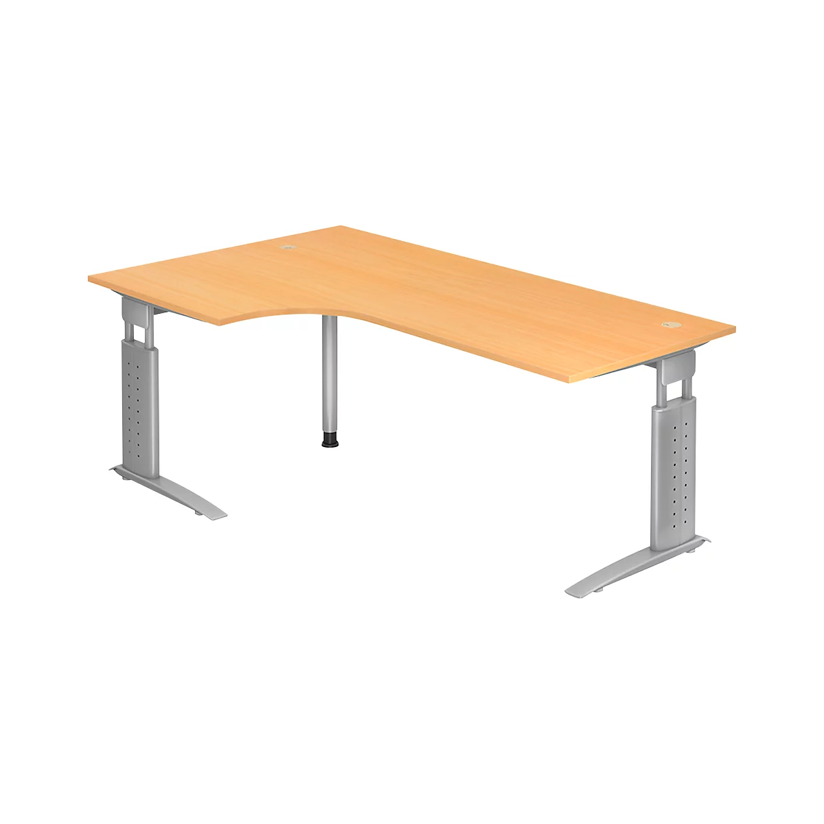 Bureau d'angle TARVIS, l. 2000 x P 1200/800 x H 680 - 860 mm, armature argentée, coloris hêtre