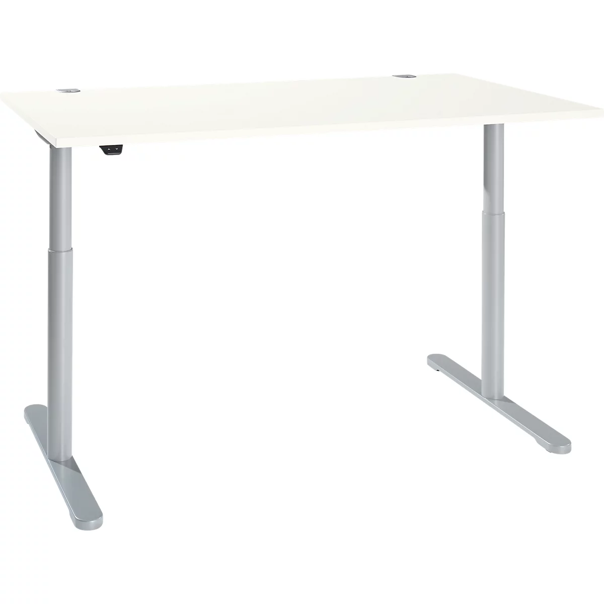 Bureau, ééntraps elektrisch in hoogte verstelbaar, T-voet ronde buis, B 1600 x D 800 x H 710-1180 mm, wit/wit aluminium