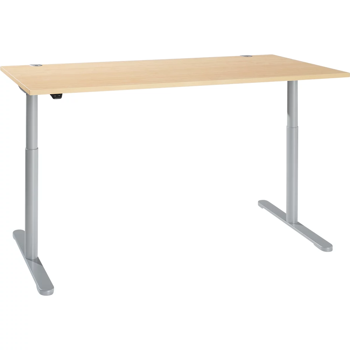 Bureau, ééntraps elektrisch in hoogte verstelbaar, T-voet ronde buis, B 1800 x D 800 x H 710-1180 mm, ahorn/wit aluminium