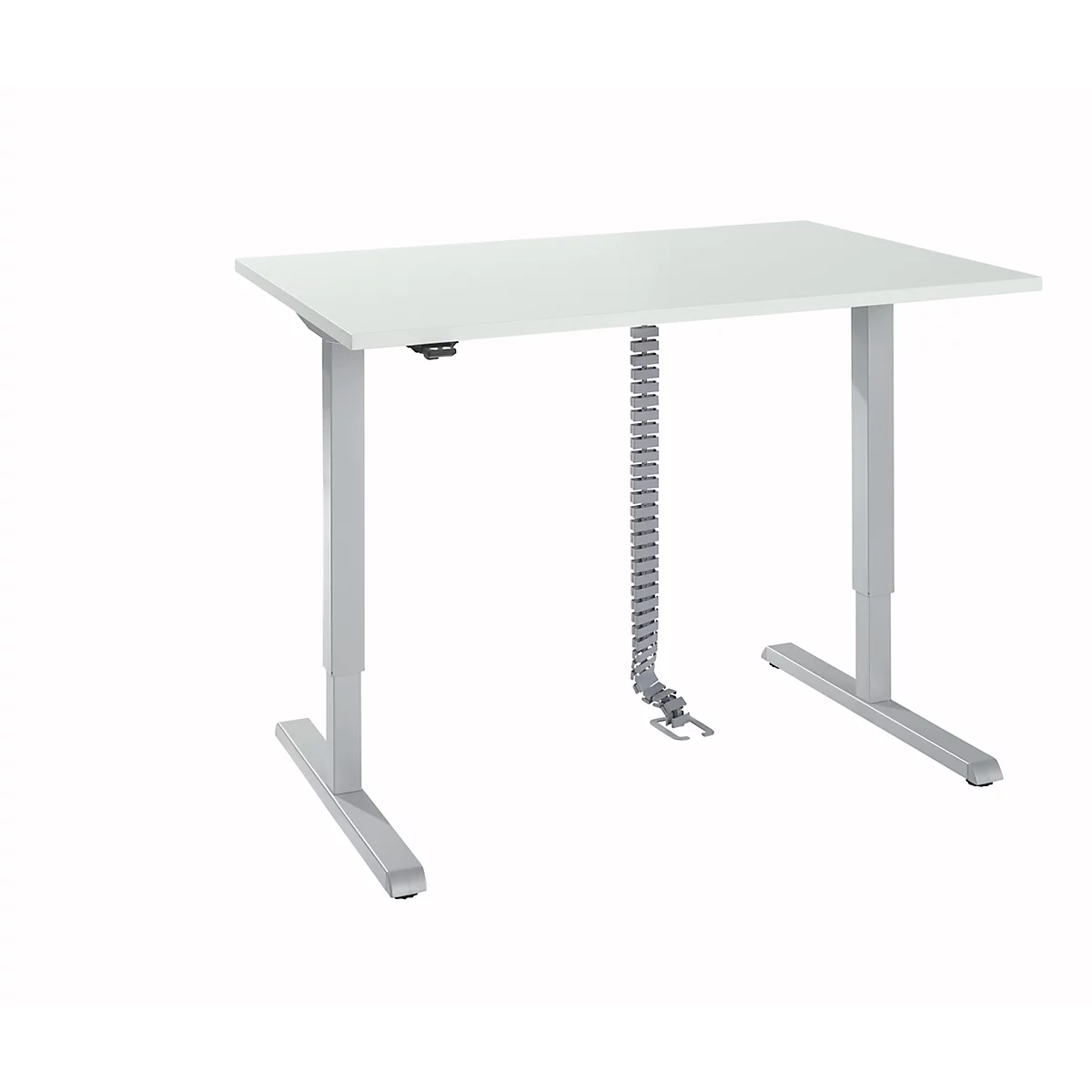 Bureau, elektrisch in hoogte verstelbaar, incl. kabelketting &amp; kabelgoot, rechthoekig, T-poot, B 1200 x D 800 x H 715-1205 mm, lichtgrijs/wit aluminium