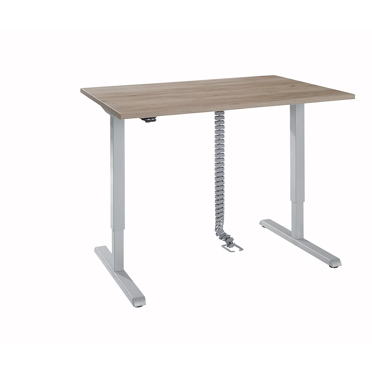 Bureau, elektrisch in hoogte verstelbaar, incl. kabelketting &amp; kabelgoot, rechthoekig, T-poot, B 1200 x D 800 x H 715-1205 mm, wild eiken/wit aluminium