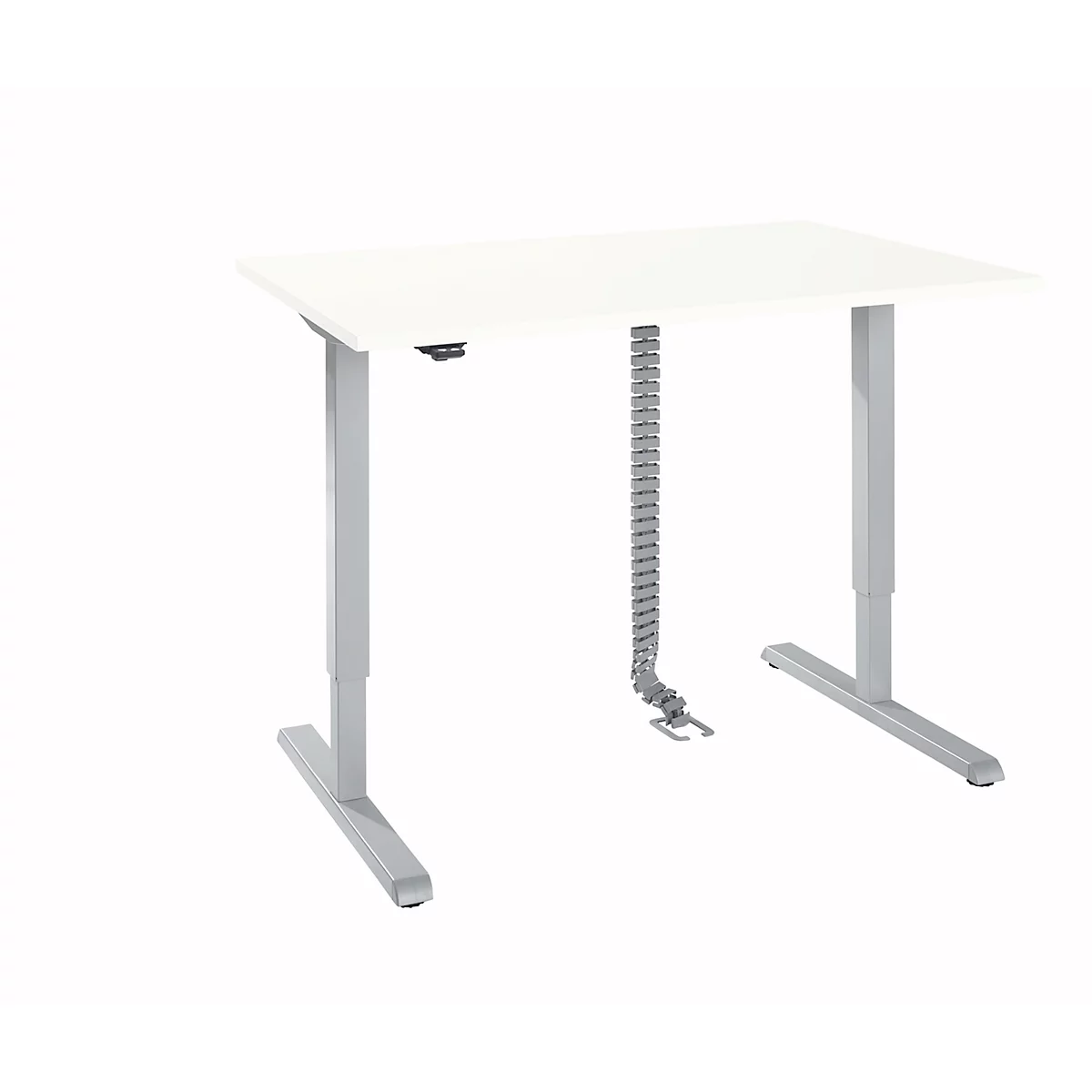 Bureau, elektrisch in hoogte verstelbaar, incl. kabelketting &amp; kabelgoot, rechthoekig, T-poot, B 1200 x D 800 x H 715-1205 mm, wit/wit aluminium