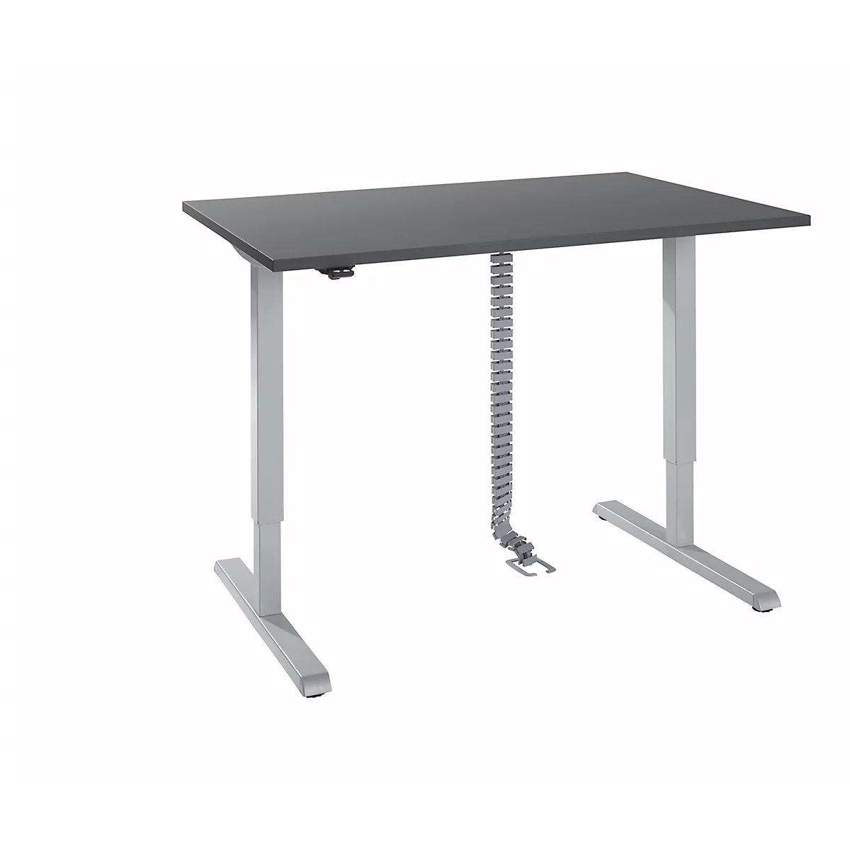 Bureau, elektrisch in hoogte verstelbaar, incl. kabelketting &amp; kabelgoot, rechthoekig, T-voet, B 1200 x D 800 x H 715-1205 mm, grafiet/wit aluminium