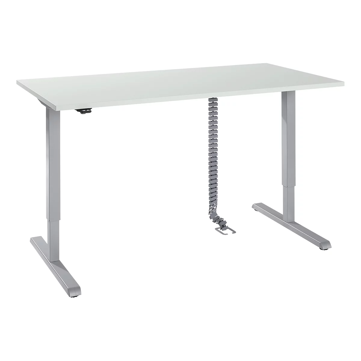 Bureau, elektrisch in hoogte verstelbaar, incl. kabelketting &amp; kabelgoot, rechthoekig, T-voet, B 1600 x D 800 x H 715-1205 mm, aluminium lichtgrijs/wit