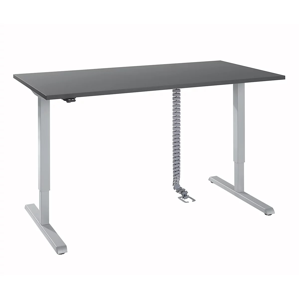 Bureau, elektrisch in hoogte verstelbaar, incl. kabelketting &amp; kabelgoot, rechthoekig, T-voet, B 1600 x D 800 x H 715-1205 mm, grafiet/blank aluminium