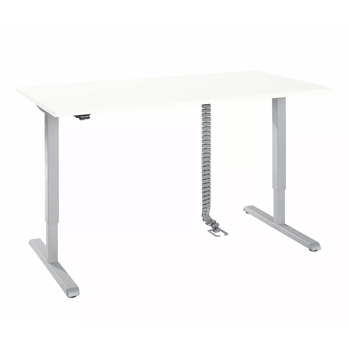 Bureau, elektrisch in hoogte verstelbaar, incl. kabelketting &amp; kabelgoot, rechthoekig, T-voet, B 1600 x D 800 x H 715-1205 mm, wit/blank aluminium