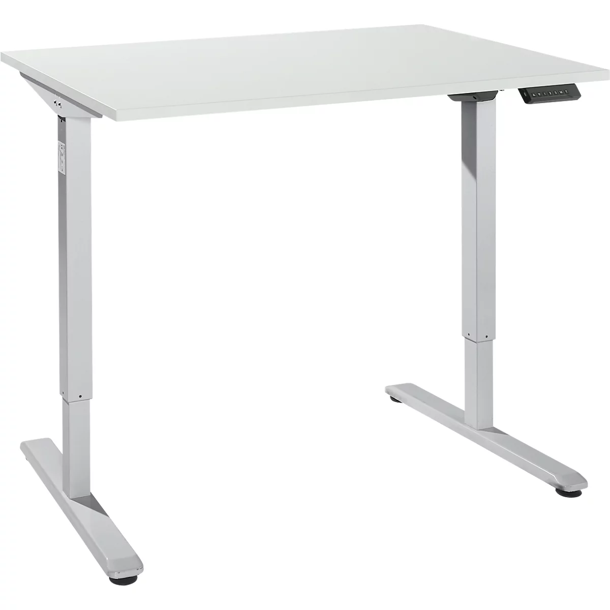 Bureau, elektrisch in hoogte verstelbaar, rechthoekig, T-Fu, B 1200 x D 800 x H 755-1255 mm, lichtgrijs/wit + memory-bedieningspaneel, kabelgoot