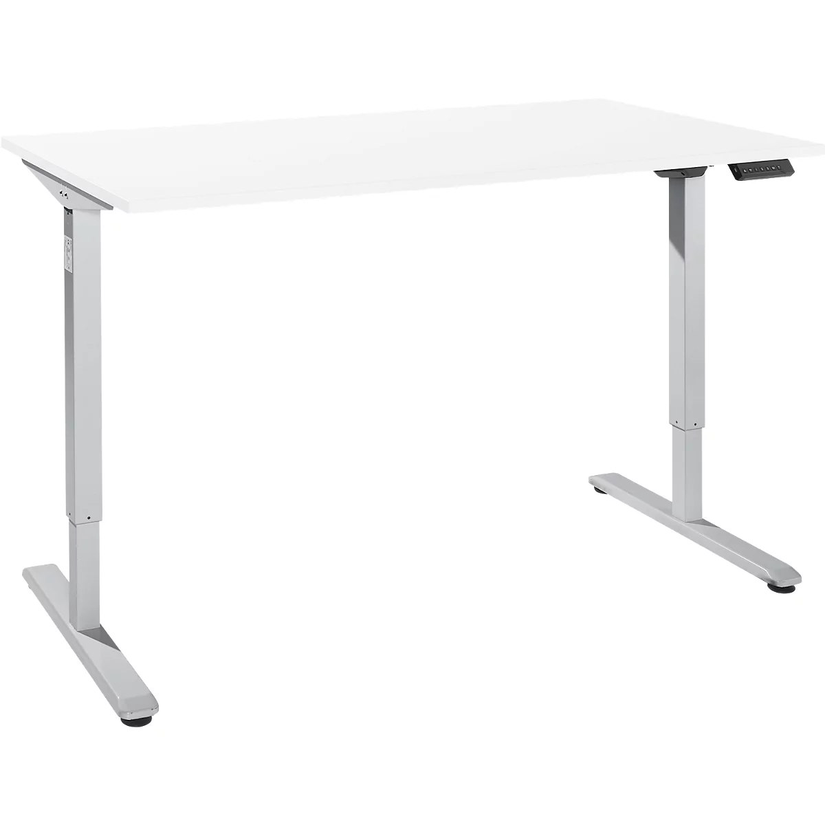 Bureau, elektrisch in hoogte verstelbaar, rechthoekig, T-Fu, B 1600 x D 800 x H 755-1255 mm, wit/weialu + memory-bedieningspaneel, kabelgoot