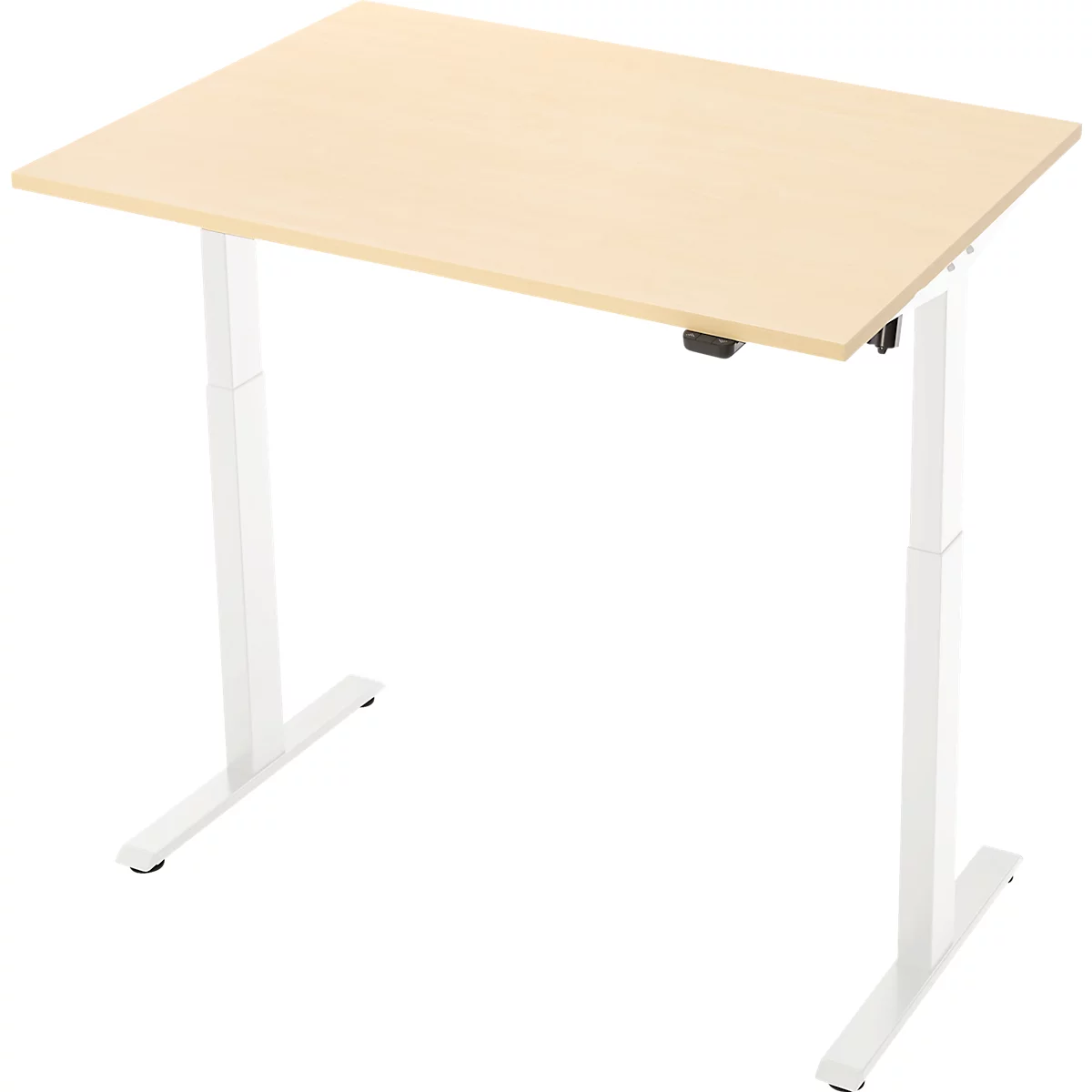 Lichtbruine rechthoekige bureau op witte in hoogte verstelbare poten. Het tafelblad heeft een houtnerf.