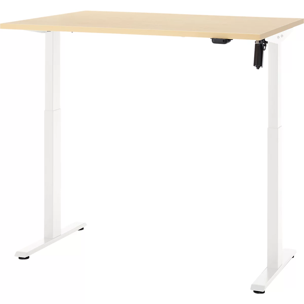 Een in hoogte verstelbaar bureau tegen een witte achtergrond. Het tafelblad is lichtbruin, de poten zijn wit.