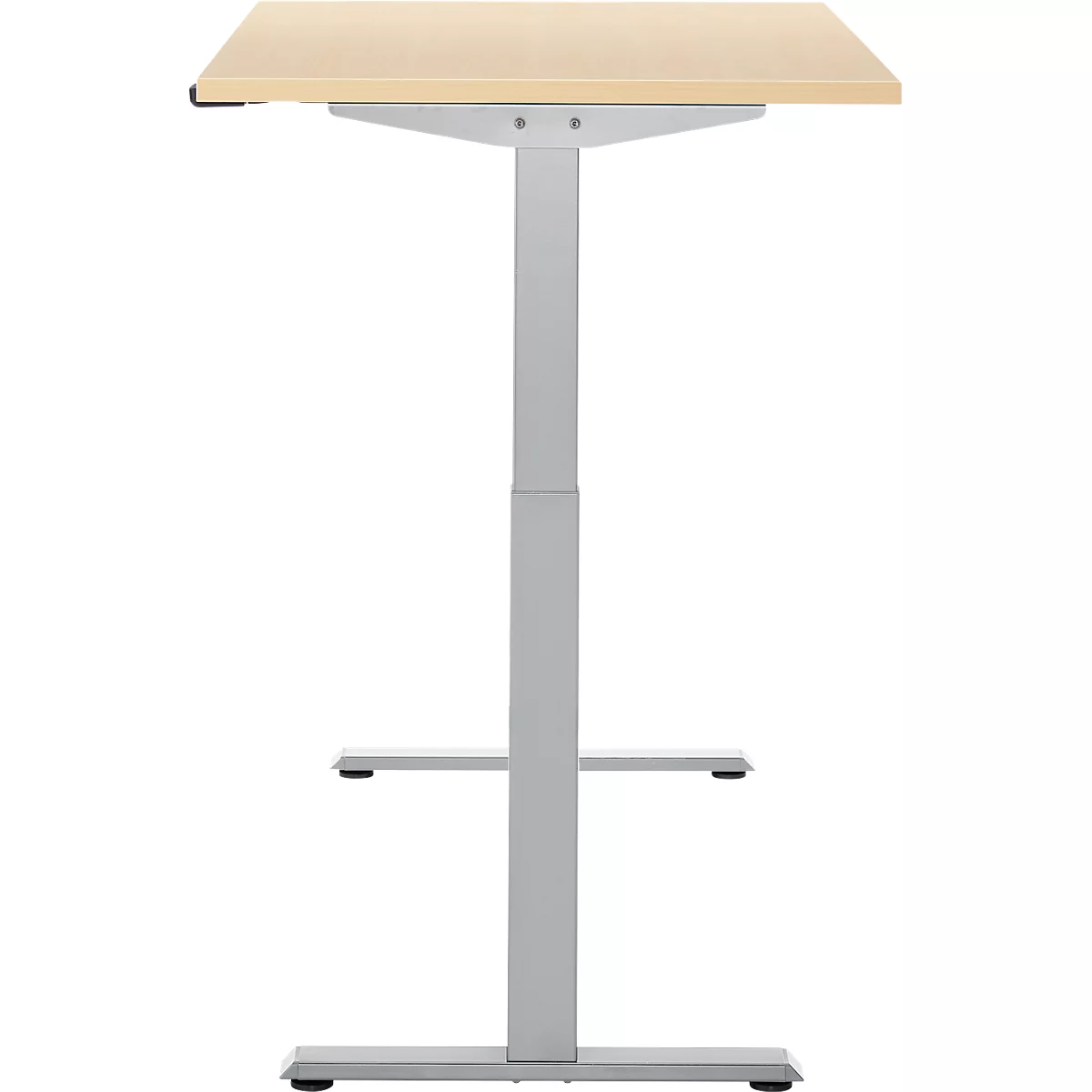 Een in hoogte verstelbaar stahulp met een beige tafelblad en een zilveren frame.