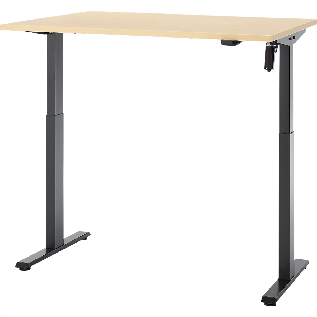 Lichtbruine, in hoogte verstelbare bureau. Zwarte poten, rechthoekig tafelblad.